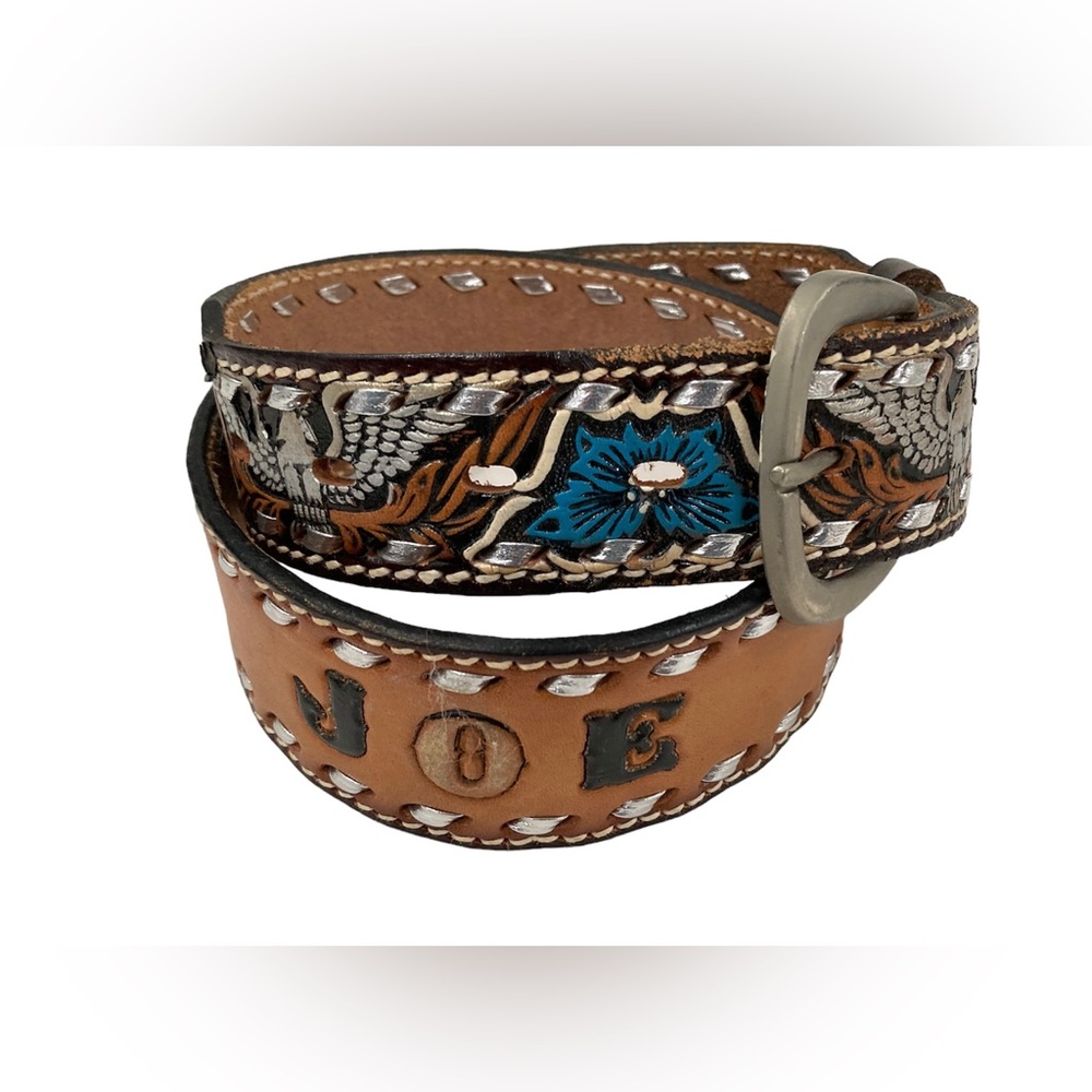 Vtg 100% Leather Tooled Belt Floral Eagle Turquoise Brown Joe Craft Jewelry XXS